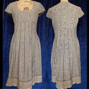 Badgley Mischka Tweed Dress Pleated Bodice Bead Embellished Scalloped Hem Brown